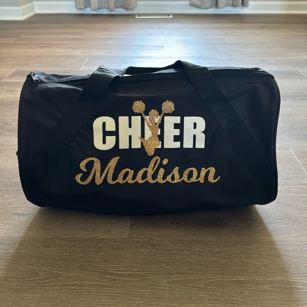 Personalized Black Cheer Duffle Bag with Gold Glitter Name